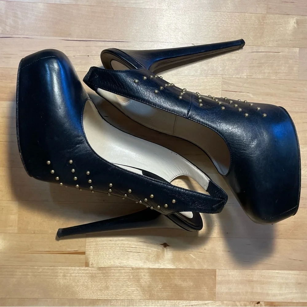 B Brian Atwood Black Studded Leather Platform Slingback Pumps Designer Heels